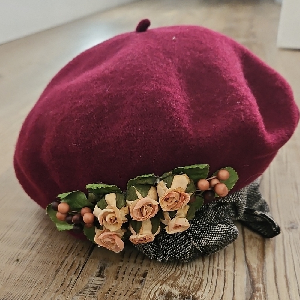 Toucan Collection Burgundy Beret with Floral Accent
